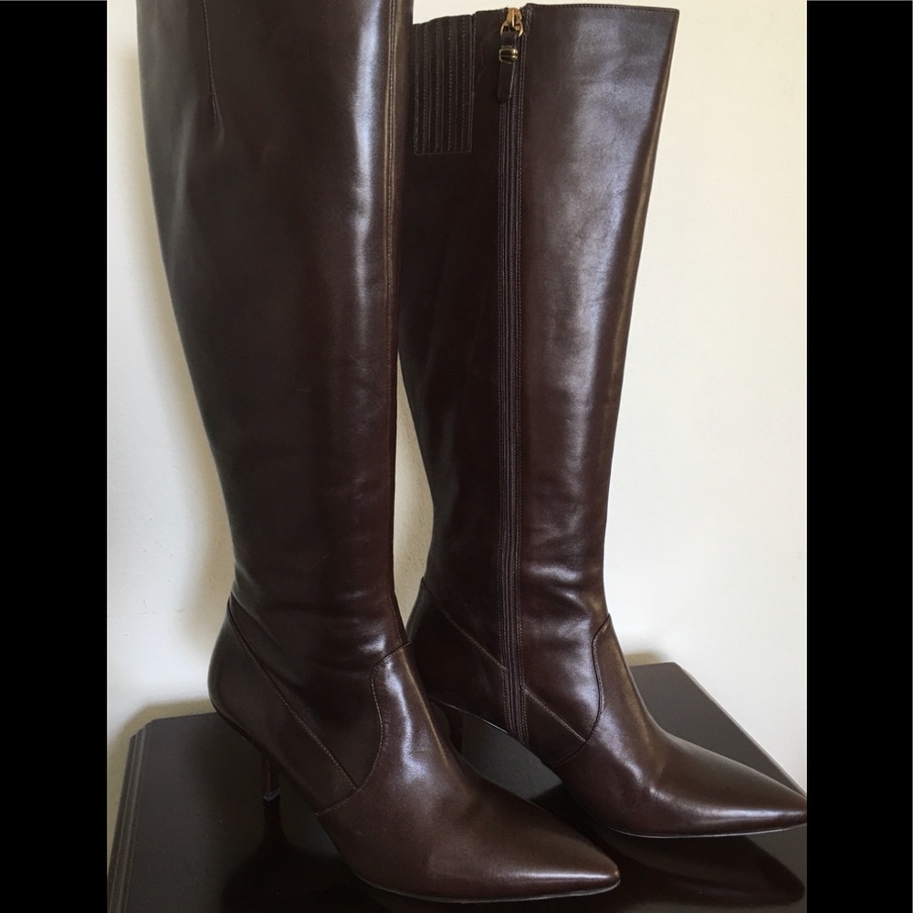 Via Spiga Garyn Dark Brown Leather Low Heel Knee High Boot NWOT